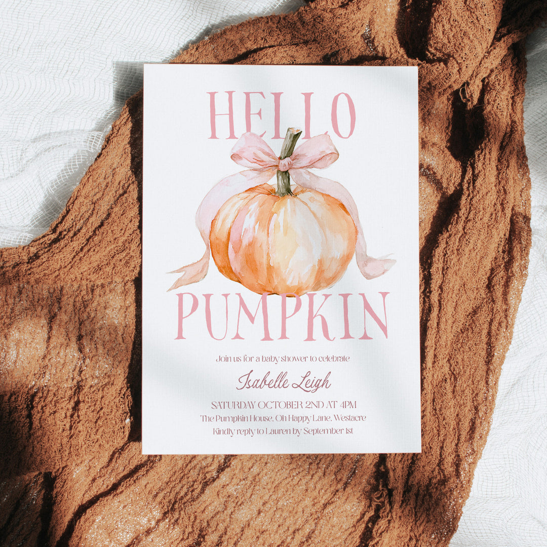 Pink Bow Hello Pumpkin Baby Shower Invitation editable template in Canva