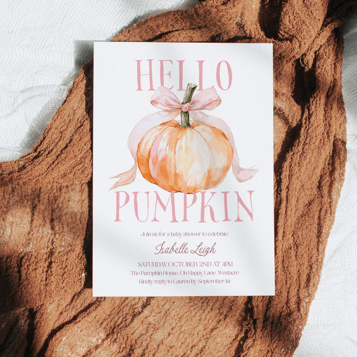 Pink Bow Hello Pumpkin Baby Shower Invitation editable template in Canva