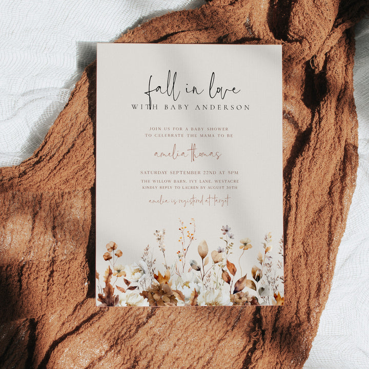 Autumn Wildflowers Baby Shower Invitation editable template in Canva