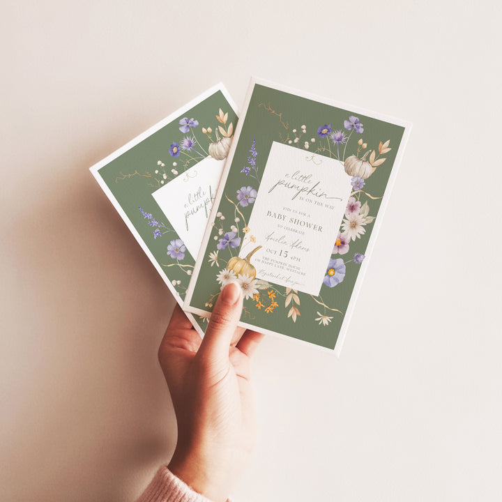 White Autumn Block Floral Baby Shower Invitation editable template in Canva