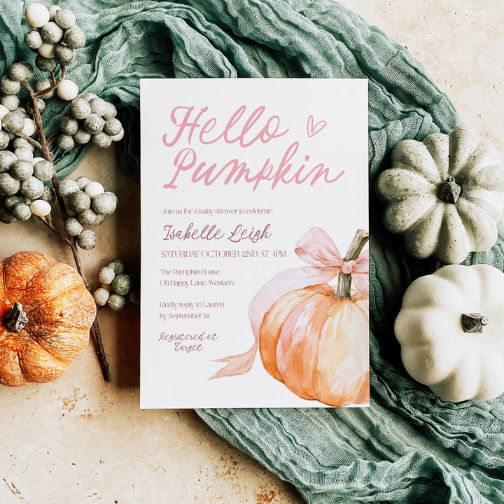 Pink Bow Hello Pumpkin Baby Shower Invitation editable template in Canva