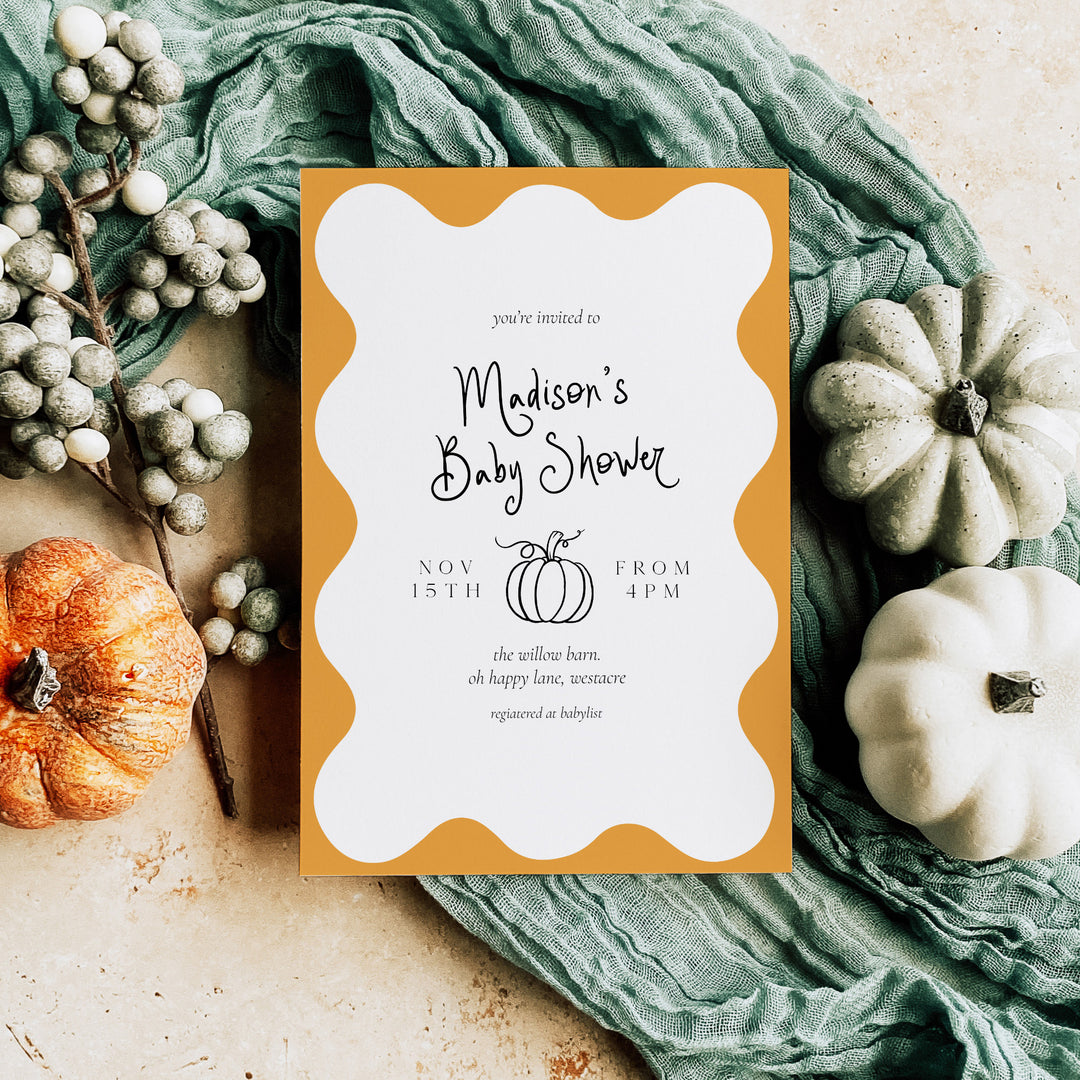 Pumpkin Orange Wavy Baby Shower Invitation editable template in Canva