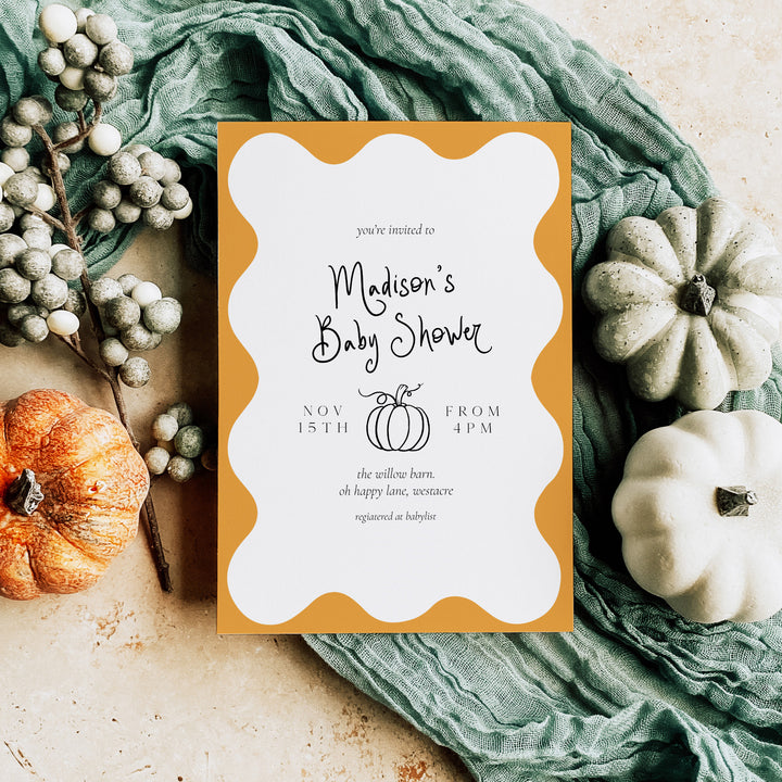 Pumpkin Orange Wavy Baby Shower Invitation editable template in Canva