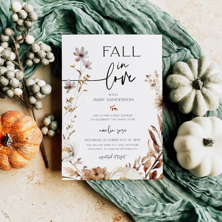 Fall in Love Wreath Baby Shower Invitation editable template in Canva