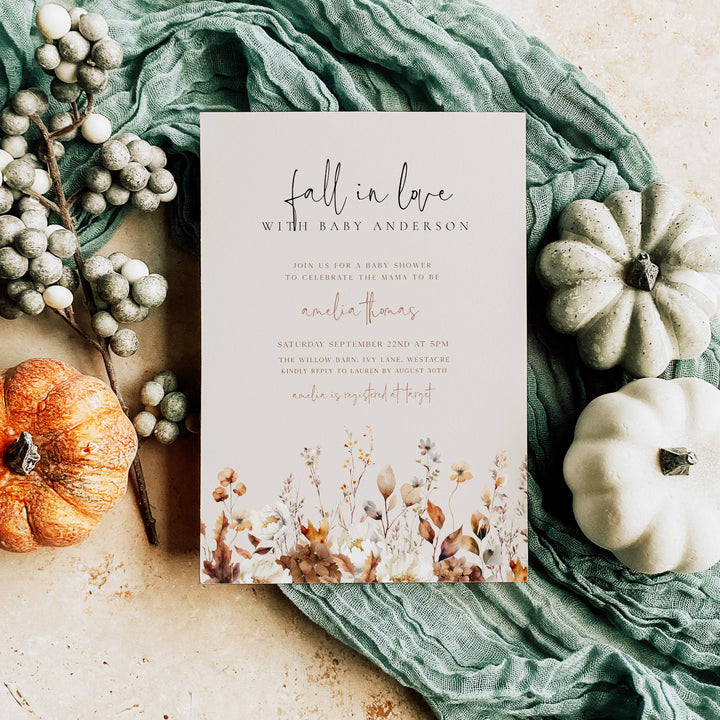 Autumn Wildflowers Baby Shower Invitation editable template in Canva