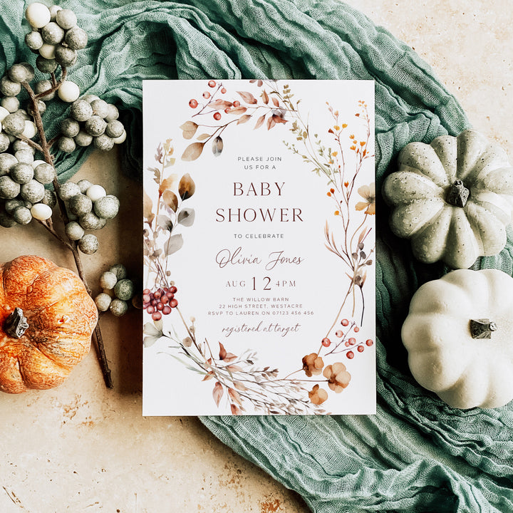 Fall WreathBaby Shower Invitation editable template in Cava