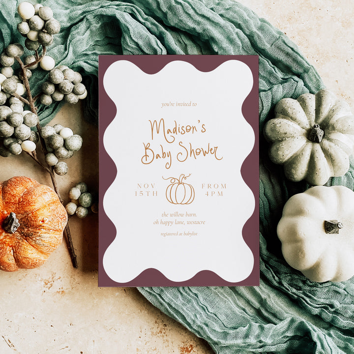 Pumpkin Purple Wavy Baby Shower Invitation editablr canva template