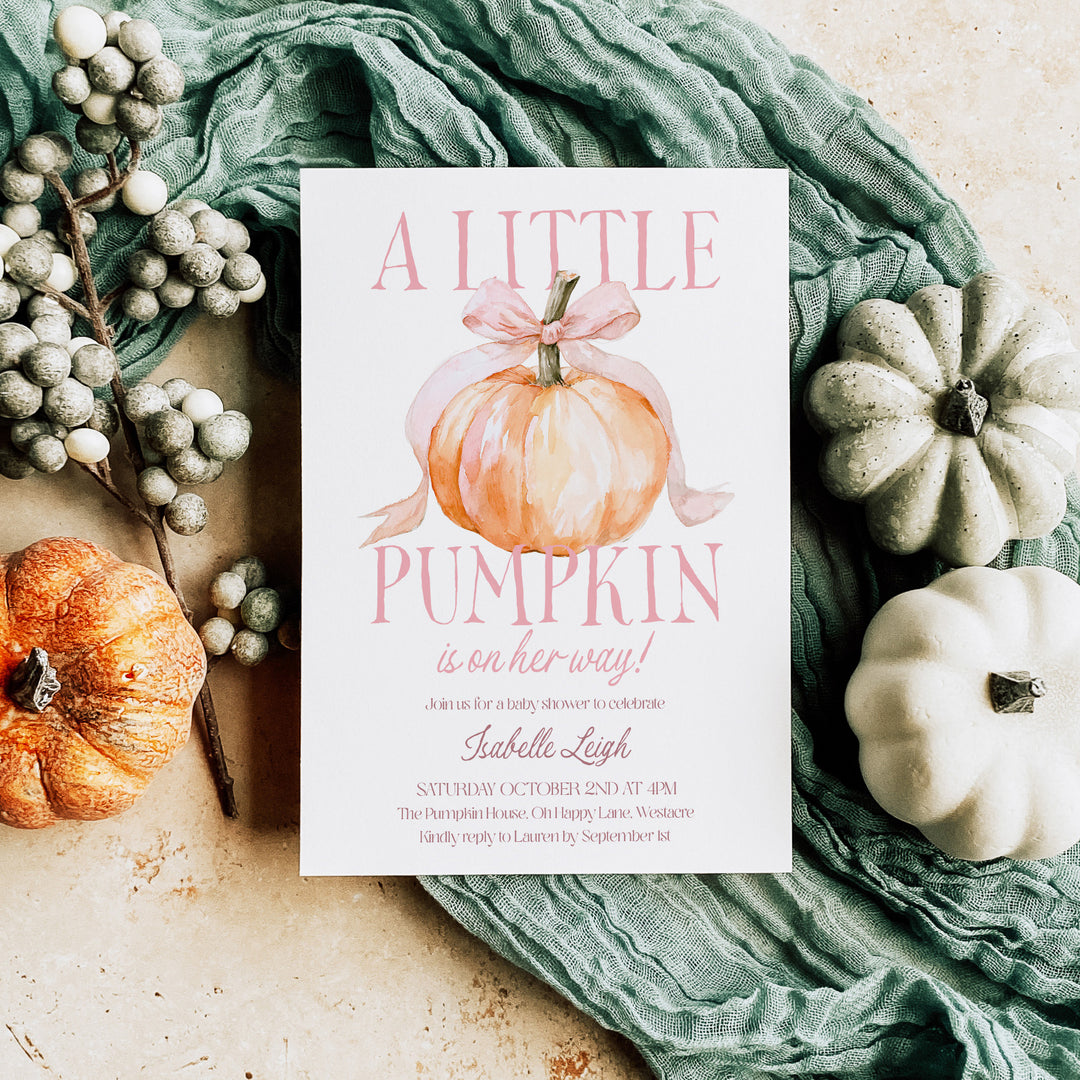 Pink Bow Little Pumpkin Baby Shower Invitation editable in Canva