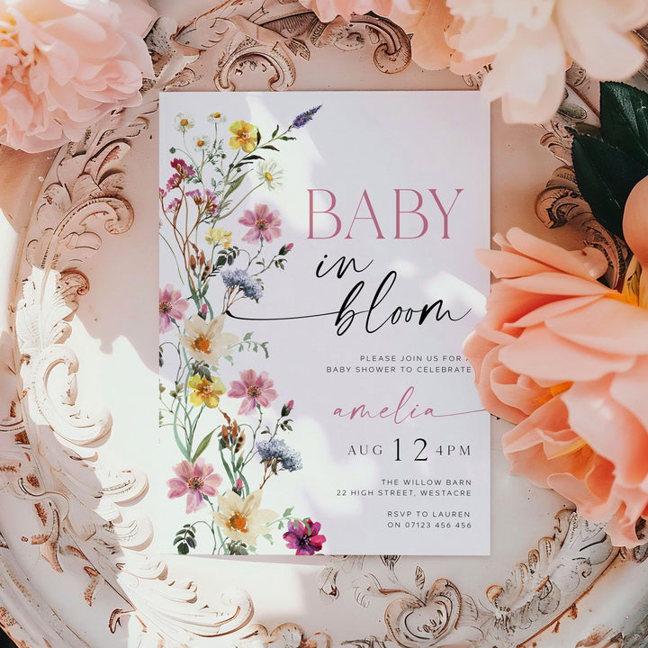 Baby In Bloom Border Invitation floral border editable template