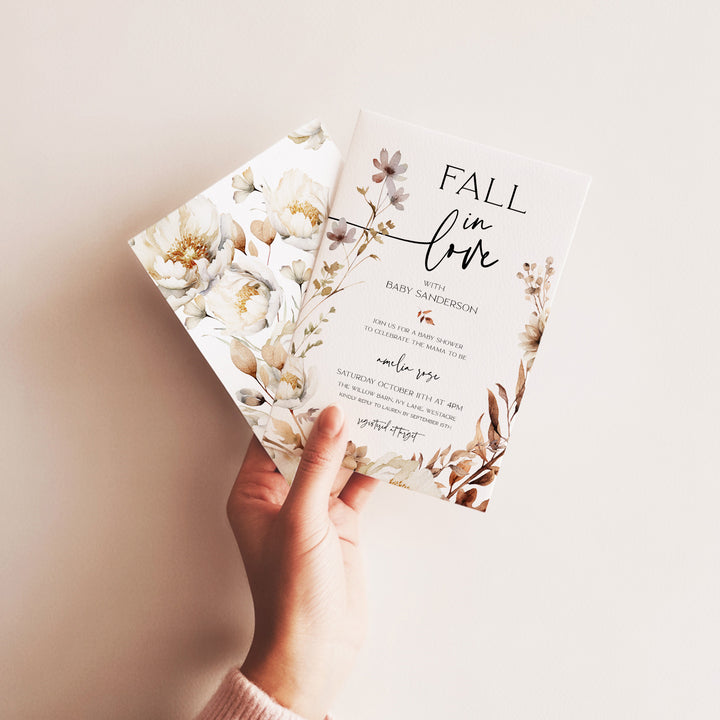 Fall in Love Wreath Baby Shower Invitation editable template in Canva