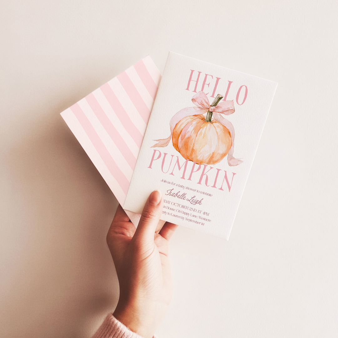 Pink Bow Hello Pumpkin Baby Shower Invitation editable template in Canva