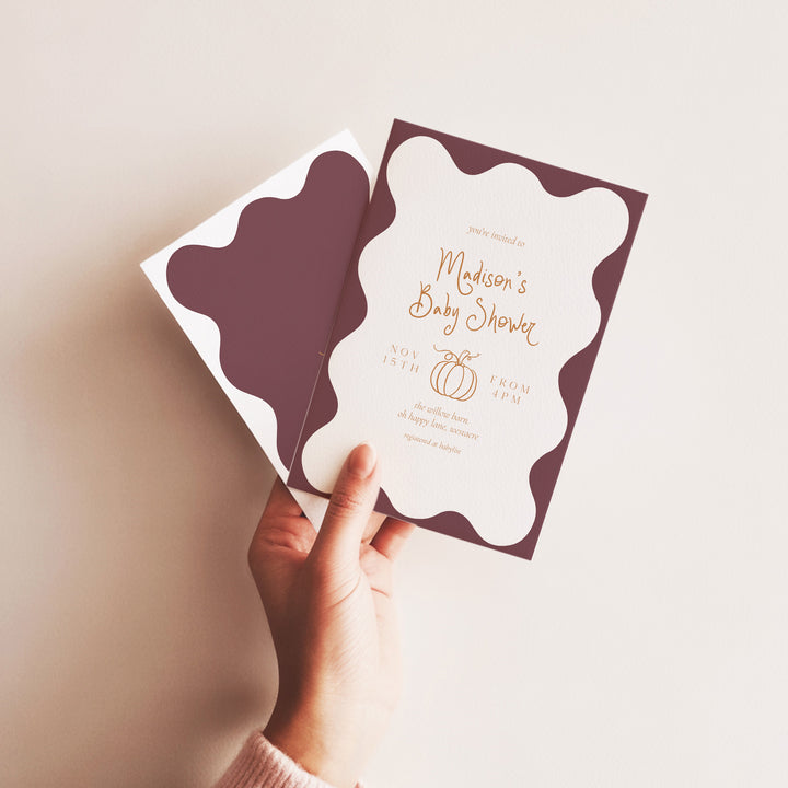 Pumpkin Purple Wavy Baby Shower Invitation editablr canva template