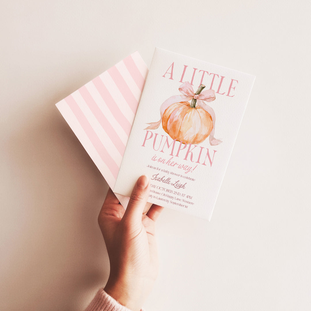 Pink Bow Little Pumpkin Baby Shower Invitation editable in Canva
