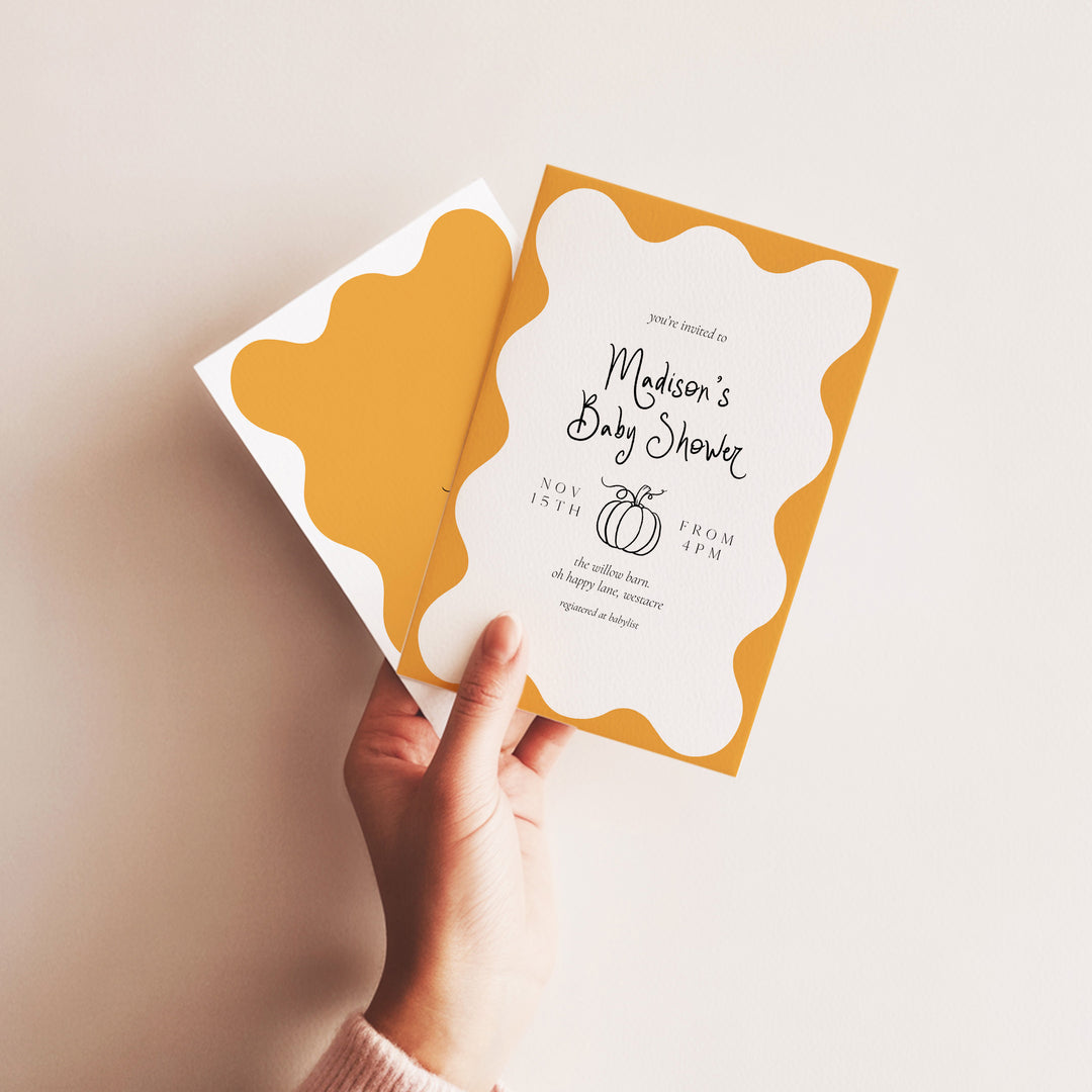 Pumpkin Orange Wavy Baby Shower Invitation editable template in Canva