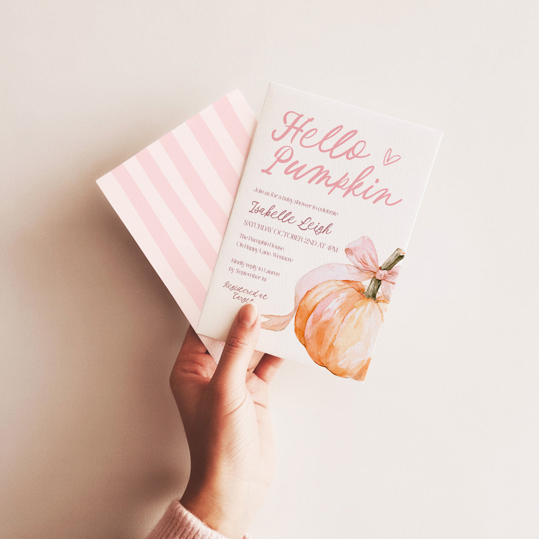 Pink Bow Hello Pumpkin Baby Shower Invitation editable template in Canva