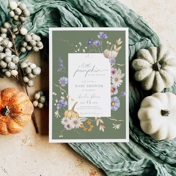 White Autumn Block Floral Baby Shower Invitation editable template in Canva