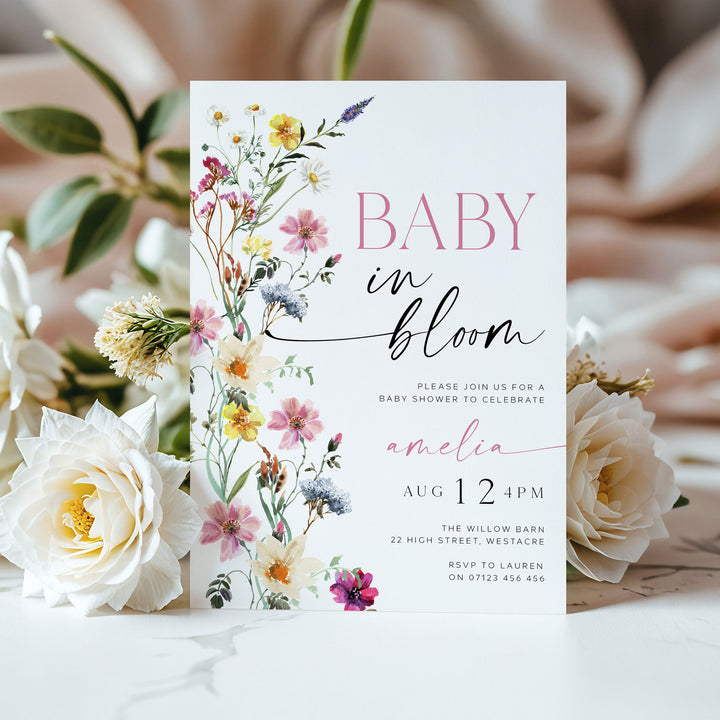 Baby In Bloom Border Invitation floral border editable template
