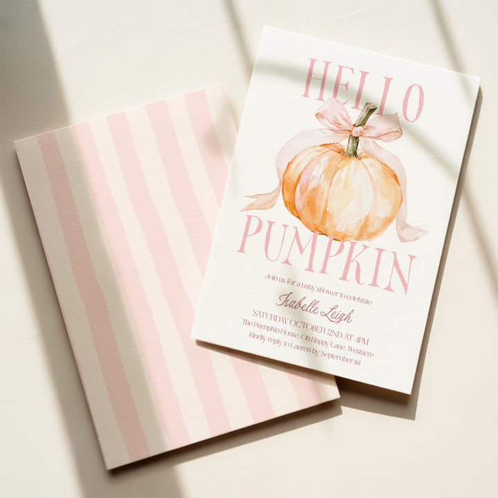 Pink Bow Hello Pumpkin Baby Shower Invitation editable template in Canva