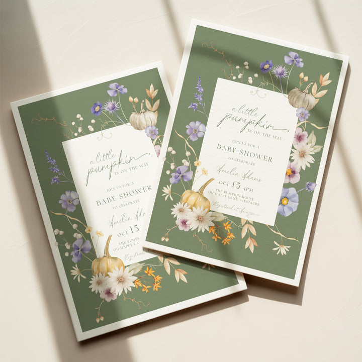 White Autumn Block Floral Baby Shower Invitation editable template in Canva