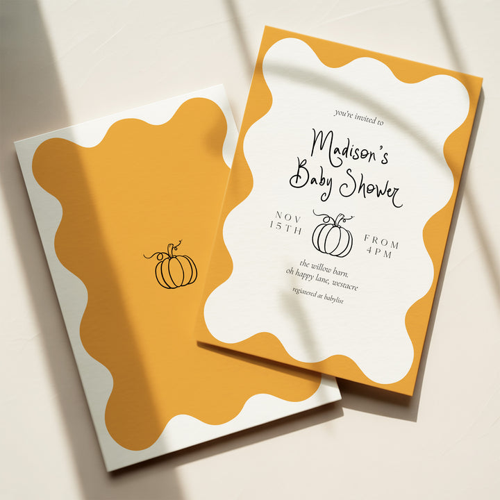 Pumpkin Orange Wavy Baby Shower Invitation editable template in Canva
