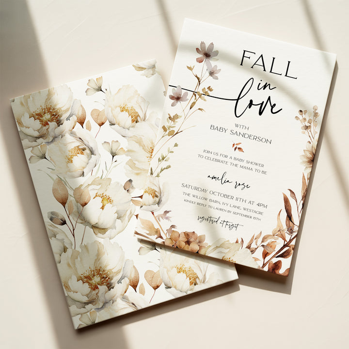 Fall in Love Wreath Baby Shower Invitation editable template in Canva