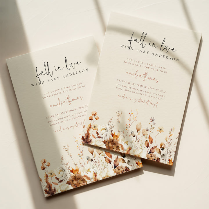 Autumn Wildflowers Baby Shower Invitation editable template in Canva