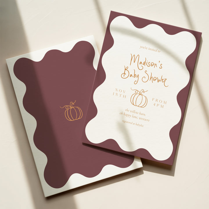 Pumpkin Purple Wavy Baby Shower Invitation editablr canva template