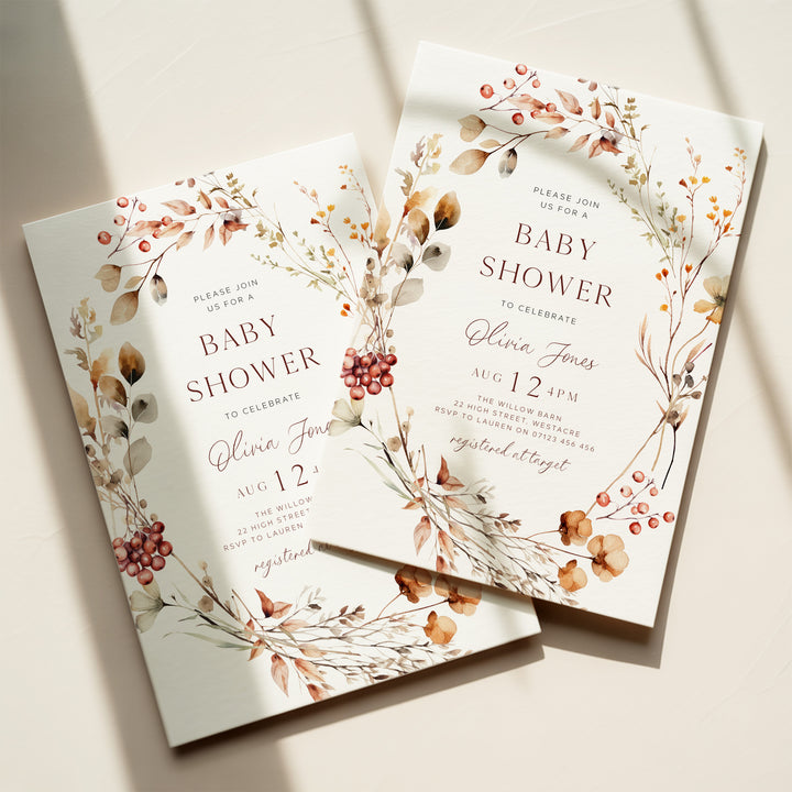 Fall Wreath Baby Shower Invitation Set editable template in Canva
