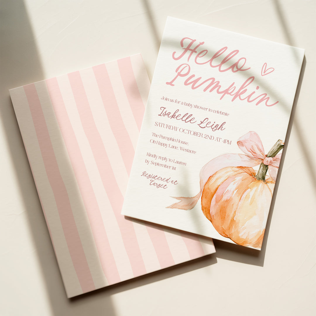 Pink Bow Hello Pumpkin Baby Shower Invitation editable template in Canva
