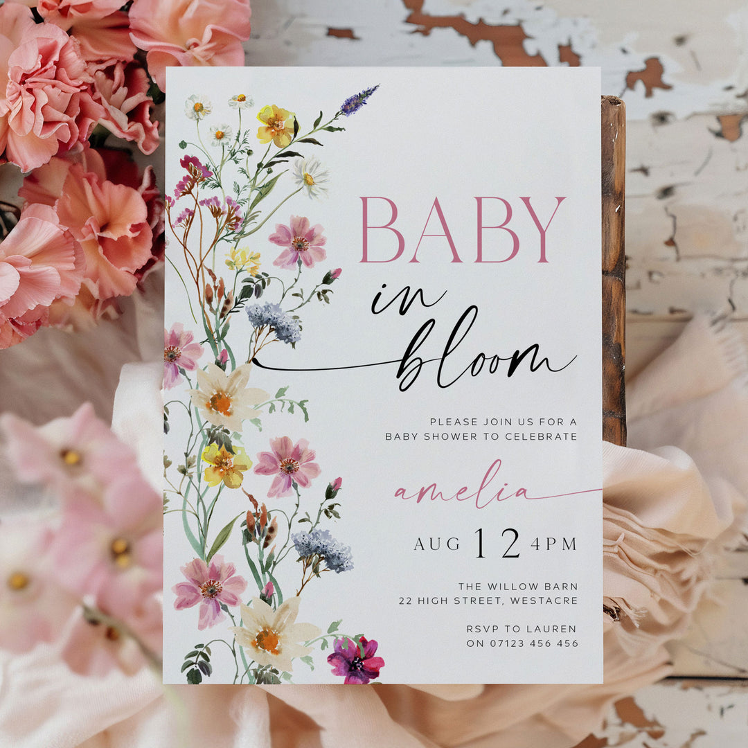 Baby In Bloom Border Invitation floral border editable template