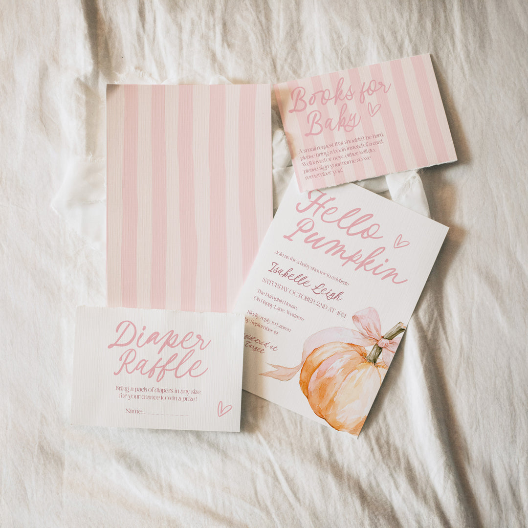 Big Hello Pink Bow Pumpkin Baby Shower Invitation Set