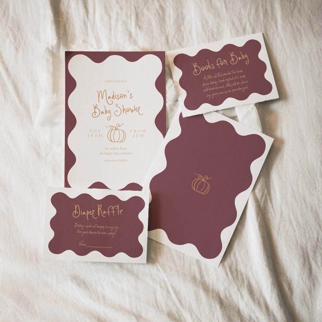Purple Pumpkin Wavy Baby Shower Invitation Set editable in Canva