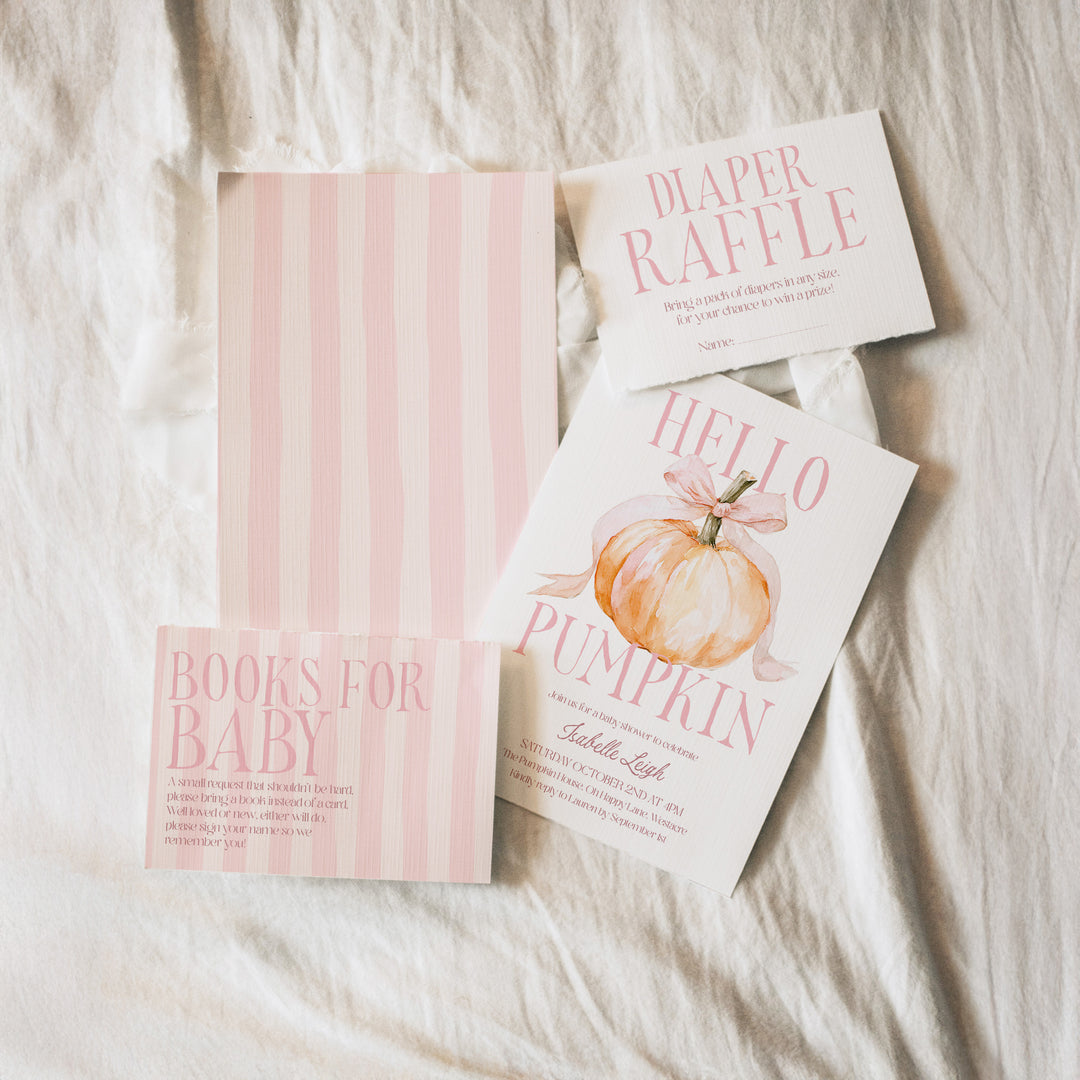 Pink Bow Hello Pumpkin Baby Shower Invitation Set editable template in Canva