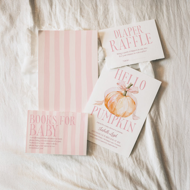 Pink Bow Hello Pumpkin Baby Shower Invitation Set editable template in Canva