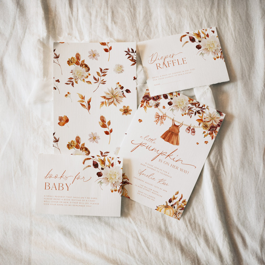 Fall Clothesline Baby Shower Invitation Set editable template in Canva