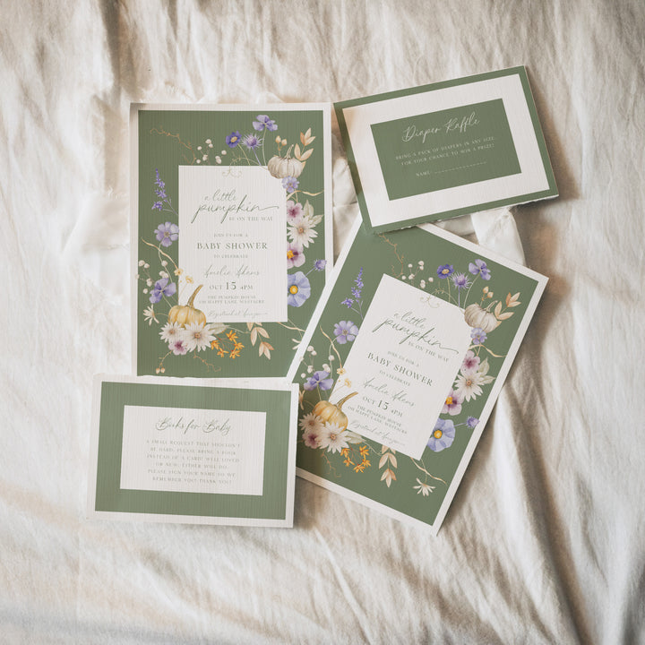 White Autumn Block Floral Baby Shower Invitation Set