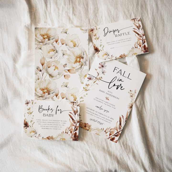 Fall In Love Wreath Baby Shower Invitation Set editable template in Canva
