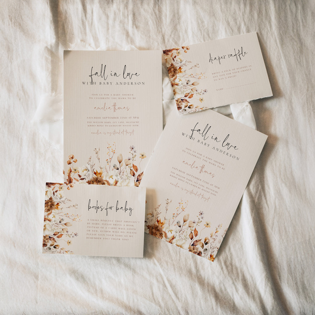 Autumn Wildflowers Baby Shower Set editable template in Canva