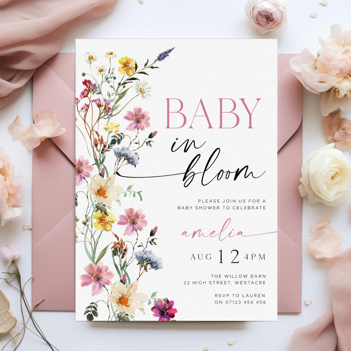 Baby In Bloom Border Invitation floral border editable template