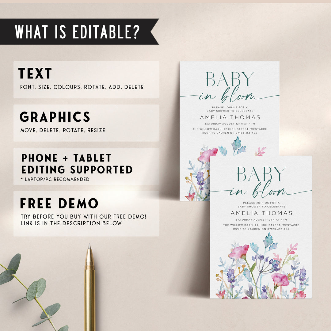 Baby In Bloom Invitation editable template