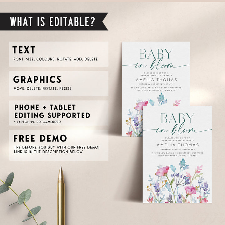 Baby In Bloom Invitation editable template