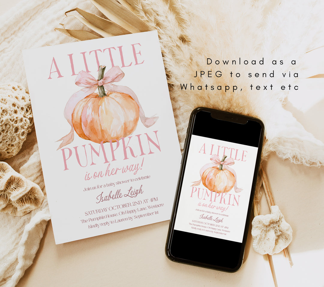Pink Bow Little Pumpkin Baby Shower Invitation