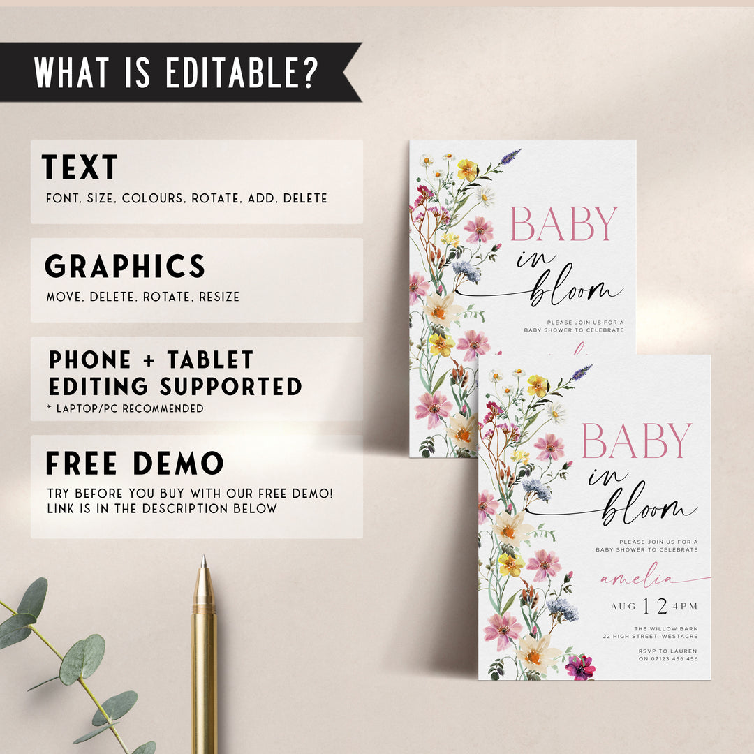Baby In Bloom Border Invitation floral border editable template