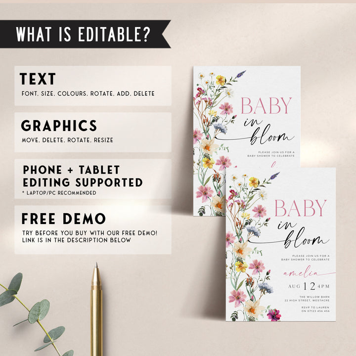 Baby In Bloom Border Invitation floral border editable template