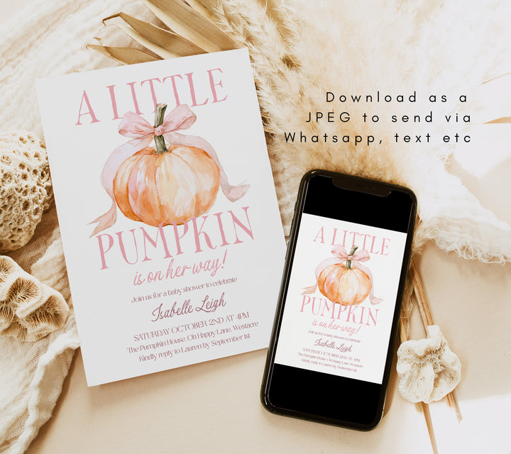 Pink Bow Little Pumpkin Baby Shower Invitation Set