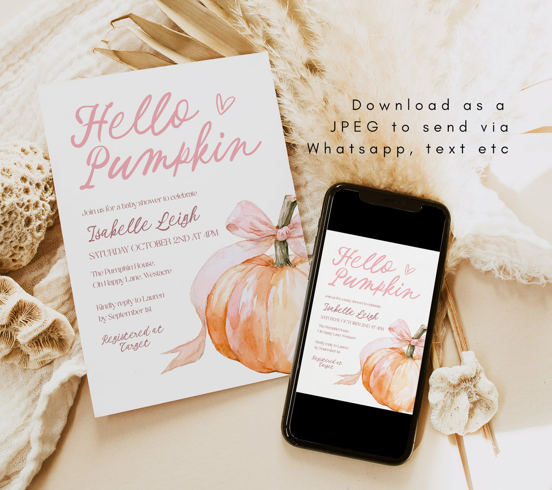 Pink Bow Hello Pumpkin Baby Shower Invitation