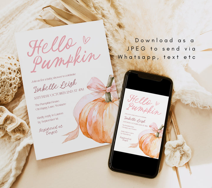 Pink Bow Hello Pumpkin Baby Shower Invitation