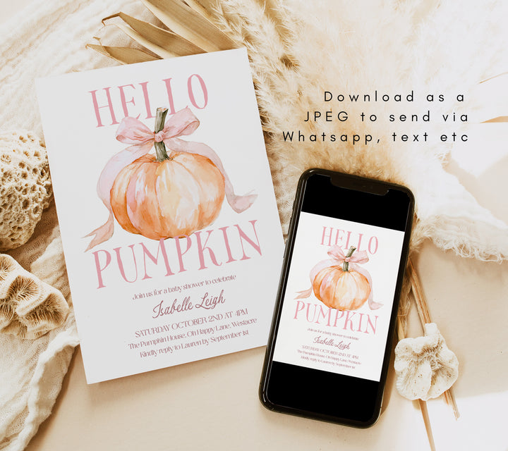 Pink Bow Hello Pumpkin Baby Shower Invitation