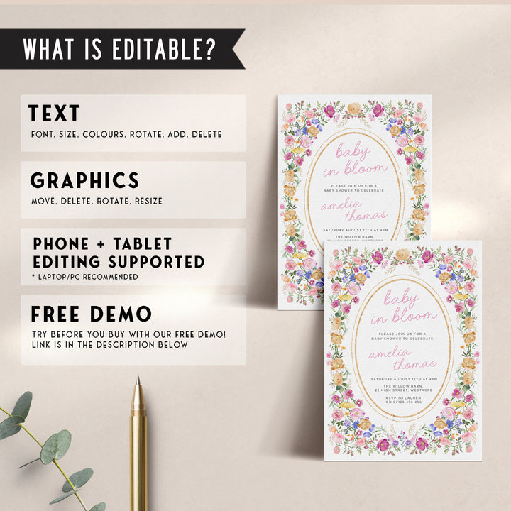 Floral Frame Baby In Bloom Invitation