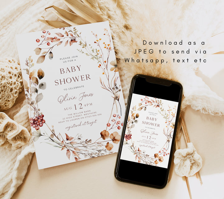 Fall WreathBaby Shower Invitation editable template in Cava